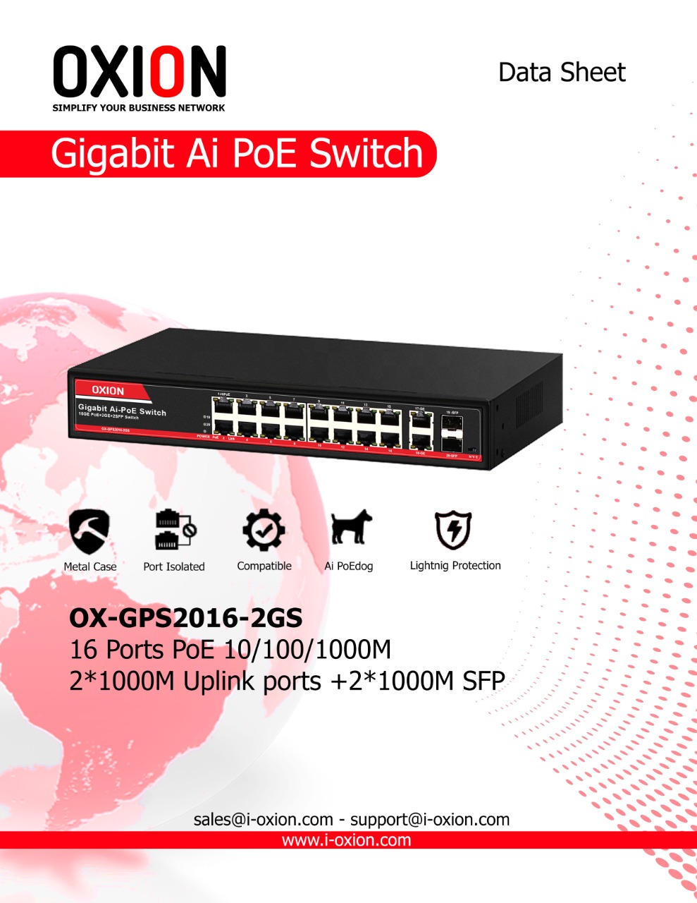 OXION OX-GPS2016-2GS 16-Port Gigabit Ai PoE Switch+2GE+2SFP Uplink with 250M Long Range (300W) Best price in Dubai, UAE and Africa